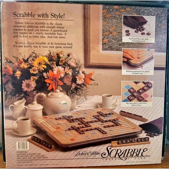 Scrabble Crossword Game 1989 Deluxe Edition Rotating Turntable Mahogany Tiles - Picture 6 of 9